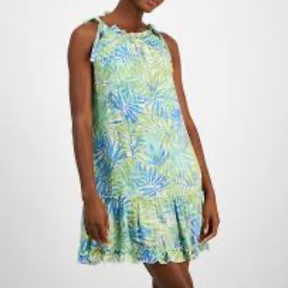 Robbie Bee Woman’s Shoulder Tie Ruffled Flounce Tropical Leaf Print Halter Dress - Picture 1 of 14
